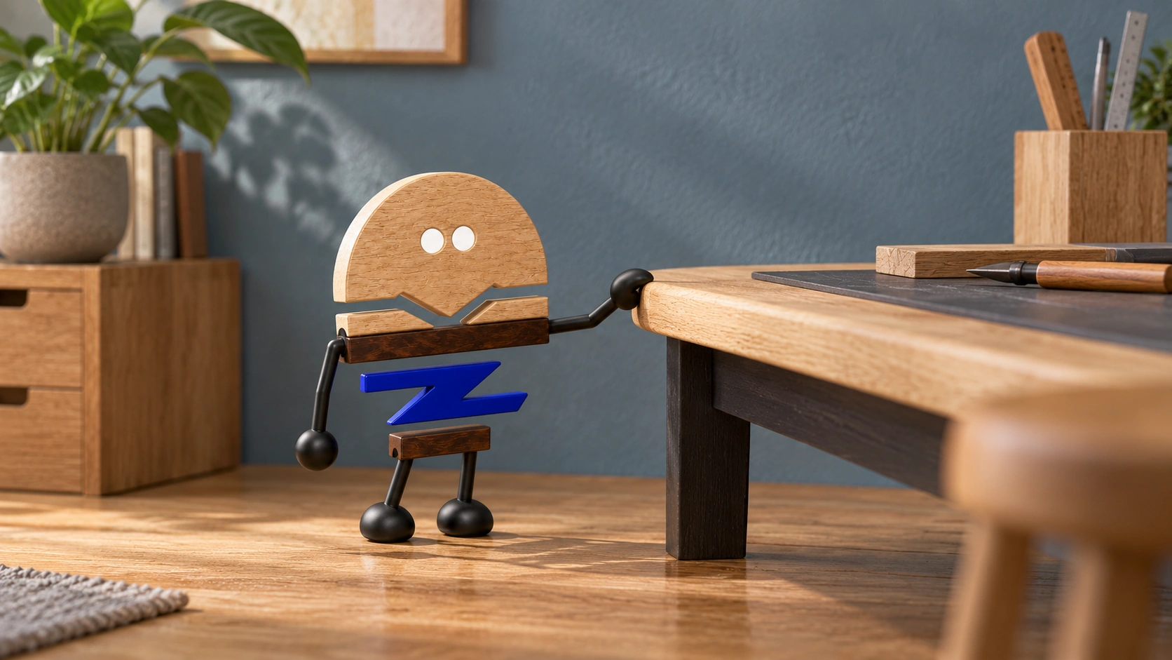 Wooden ChunZai feels the rounded finish of an oak desk edge beside tools and material offcuts.