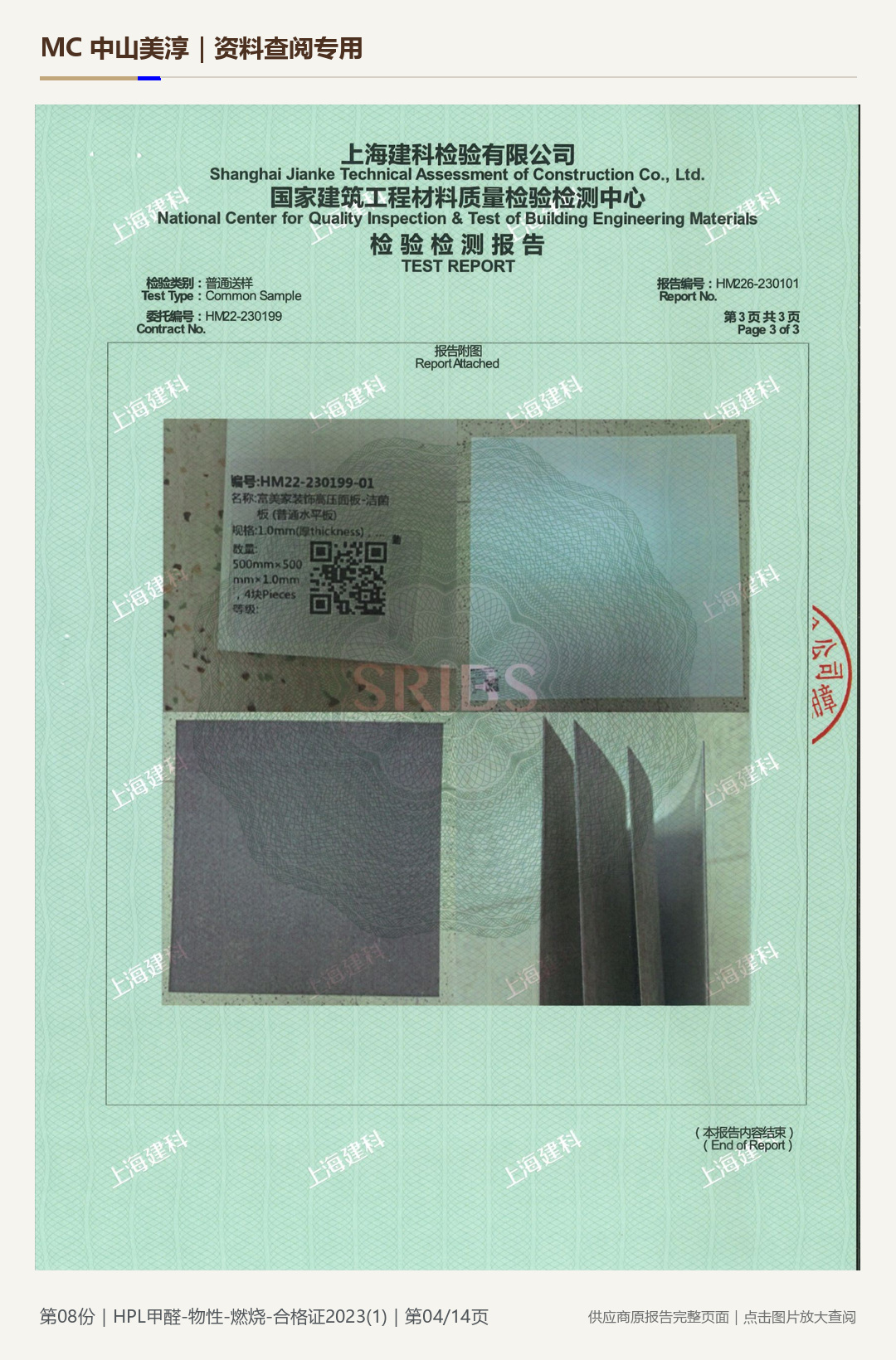 HPL | Formaldehyde, physical properties and combustion tests, page 4: watermarked report page