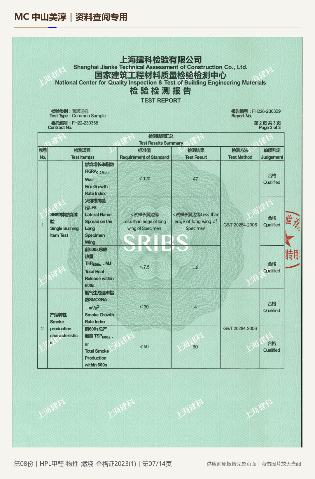 HPL | Formaldehyde, physical properties and combustion tests, page 7: watermarked report page